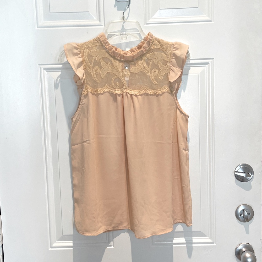 Monteau Cream Lace Ruffle High Neck Sleeveless Flowy Top Size Juniors Large